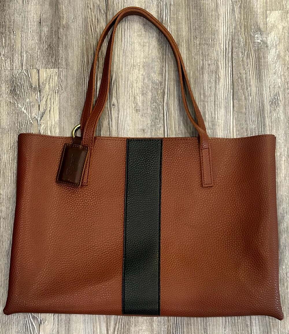 Vince Camuto Luck Tote Brown Pebbled Vegan Leather Shoulder Bag with Black Strip